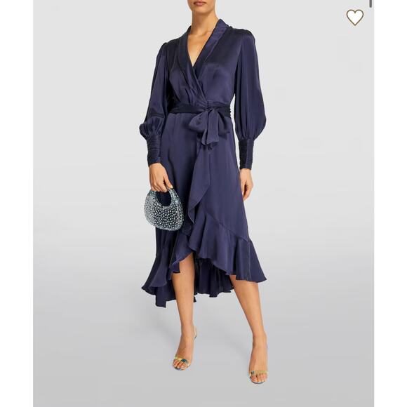 Zimmermann Asymmetric Ruffled Midi Silk Wrap Dress In Lapis Size 6 NWT - Picture 1 of 12